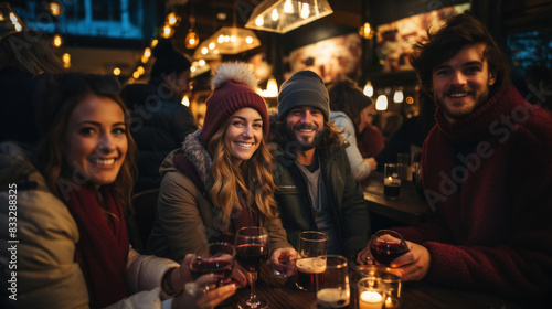 A group of joyful friends indulge in an evening of wine tasting in a dimly lit cozy bar setting