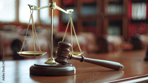 A gavel lying on the judge's desk in the courtroom, which is an icon of justice and law. Its solid construction and importance as a sentencing tool