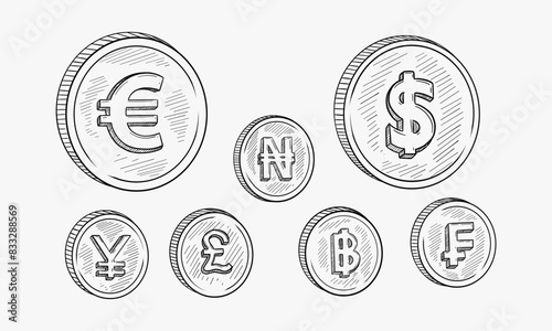 Doodle style international currency symbol coins. Set includes American Dollar, Cent, Euro, French Franc, Japanese Yen, and British Pound Sterling. Vector format.