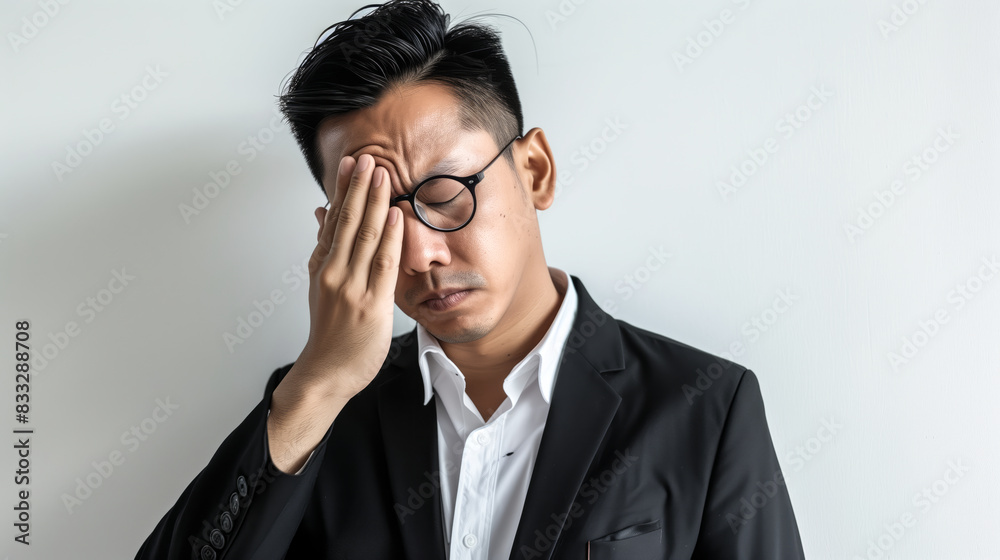 Chinese corporate man showing a tired expression Chinese corporate man showing a tired expression