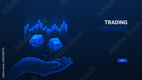 Concept of trading in Stock Market. Hand shows dices and chart. Digital Trading, Stock Market or Investment Concept. Low poly wireframe vector illustration.
