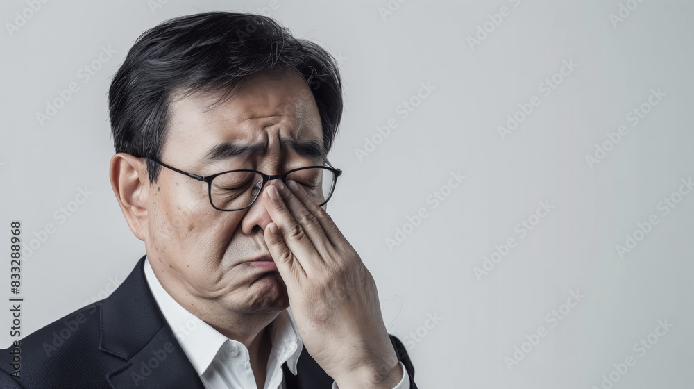 Chinese corporate man showing a tired expression Chinese corporate man showing a tired expression