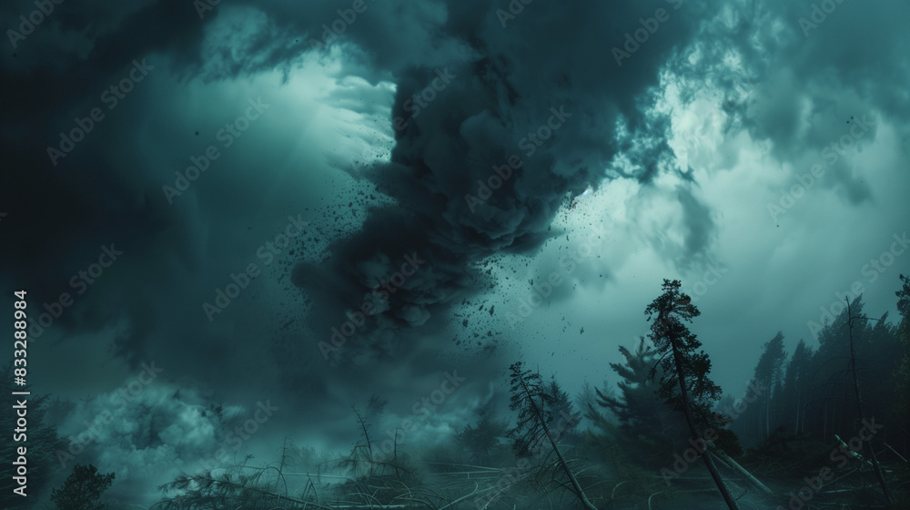 Obraz premium A powerful tornado, surrounded by ominous clouds that seem to suck everything into its powerful swirling mass.
