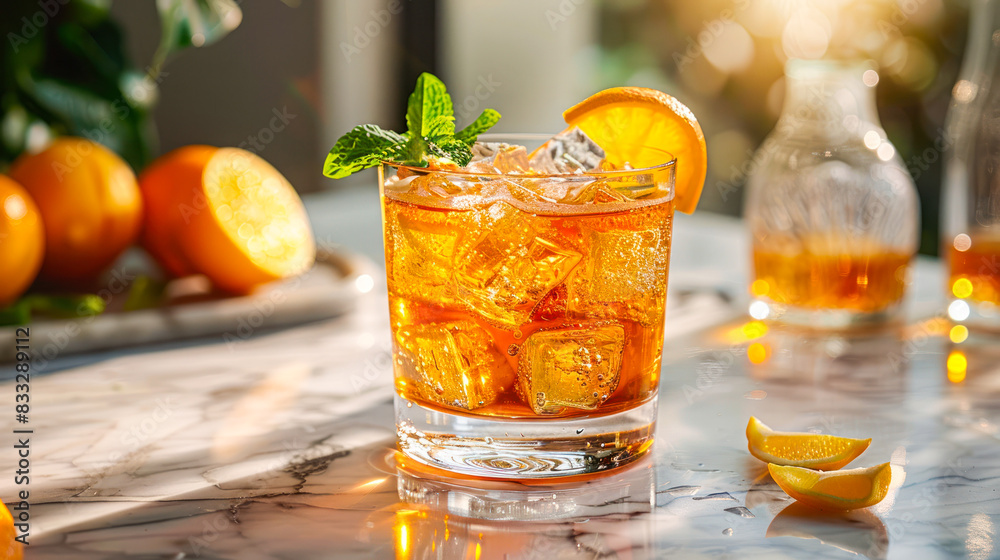 Orange cocktail with Campari or bitter, Spritz with oranges on light gray concrete background. Orange juice, punch, lemonade, Aperol with ice. Refreshing summer drink. Aperitif, natural eco aesthetic. Orange cocktail with Campari or bitter, Spritz with oranges on light gray concrete background. Orange juice, punch, lemonade, Aperol with ice. Refreshing summer drink. Aperitif, natural eco aesthetic.