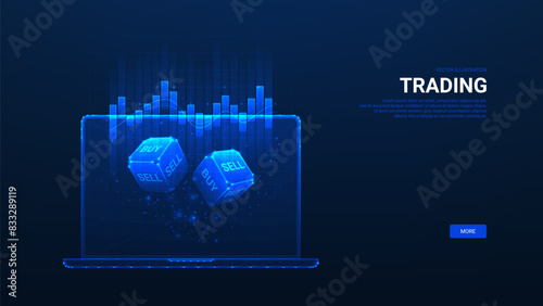 Trading in Stock Market concept. Laptop with dices and chart. Digital Trading, Stock Market or Investment Concept. Low poly wireframe vector illustration.