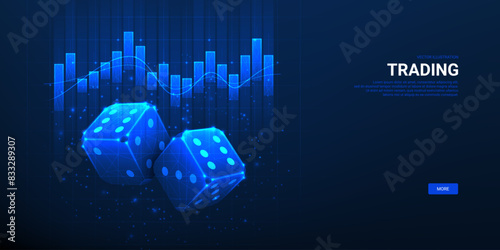 Banner of trading in Stock Market. Dices and chart. Digital Trading, Stock Market or Investment Concept. Low poly wireframe vector illustration.