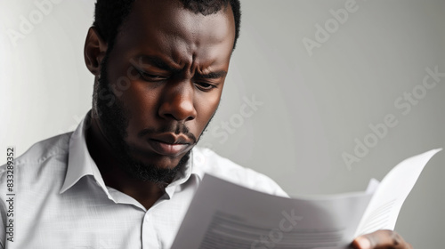 African corporate man frowning while reading a report photo