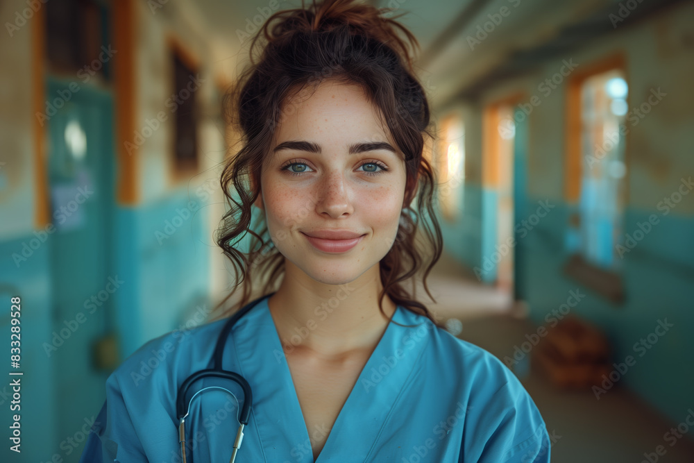 Portrait of a Smiling Female Nurse in a Hospital Corridor Portrait of a Smiling Female Nurse in a Hospital Corridor
