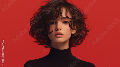 Stylish portrait of a girl with large curls and a bright red background.