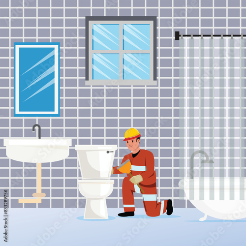 Professional in safety gear repairing a toilet, with sink, bathtub, window, and mirror in the bathroom