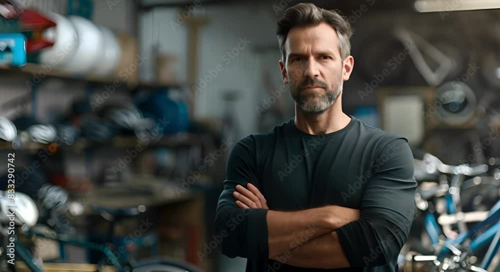 A man with a serious expression standing with arms crossed in a bicycle shop workshop. Concept Portrait Photography, Serious Expression, Arms Crossed, Bicycle Shop, Workshop A man with a serious expression standing with arms crossed in a bicycle shop workshop. Concept Portrait Photography, Serious Expression, Arms Crossed, Bicycle Shop, Workshop