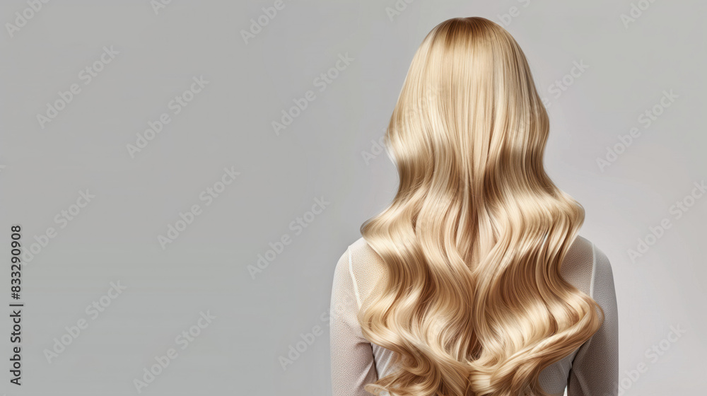 Feminine beauty care scene with a focus on high-quality hair treatment. Luxurious long blonde hair curled into large waves. Women's hair with a shine effect, back view. Feminine beauty care scene with a focus on high-quality hair treatment. Luxurious long blonde hair curled into large waves. Women's hair with a shine effect, back view.