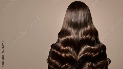 Back view of long dark shiny smooth well-groomed hair with waves on minimalistic background, copy space concept