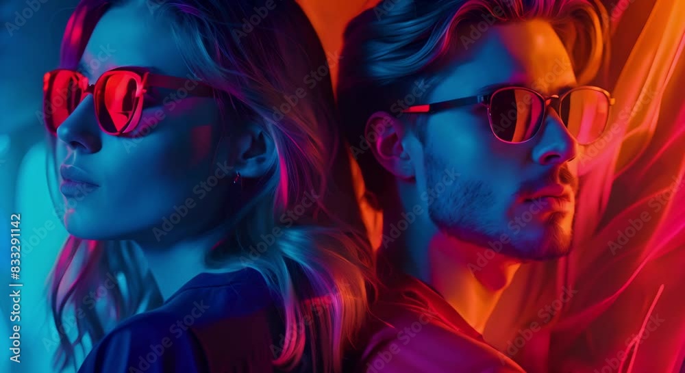Stylish Studio Photoshoot of a Couple in Retrowave Fashion. Concept Retro Aesthetics, Studio Photoshoot, Fashionable Couple, Stylish Poses, Retrowave Trend Stylish Studio Photoshoot of a Couple in Retrowave Fashion. Concept Retro Aesthetics, Studio Photoshoot, Fashionable Couple, Stylish Poses, Retrowave Trend