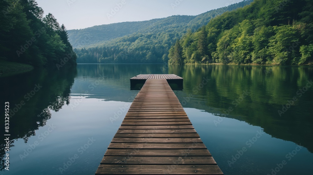 Fototapeta premium Tranquil wooden dock leads the eye out to a calm, glassy lake surrounded by lush green forested hills under a soft sky