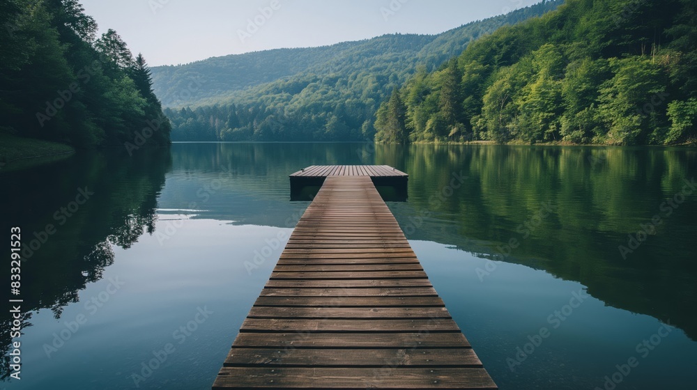 Tranquil wooden dock leads the eye out to a calm, glassy lake surrounded by lush green forested hills under a soft sky