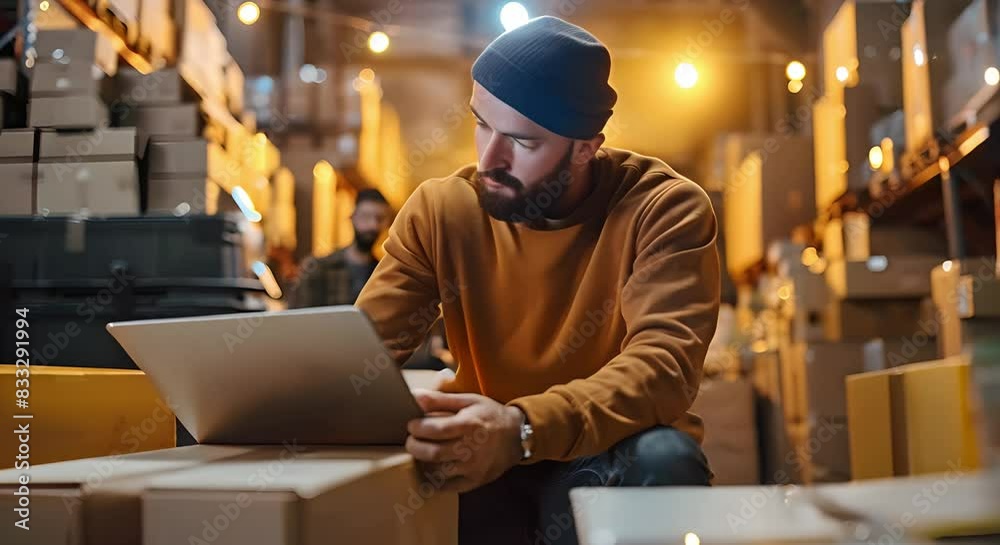 Men working in the online retail industry manage the supply chain. Concept Online Retail, Men in Supply Chain, E-commerce Operations, Logistics Management, Retail Industry