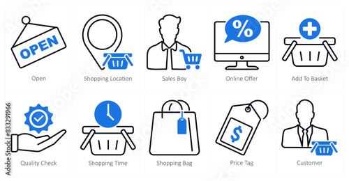 A set of 10 shopping icons as open, shopping location, sales boy