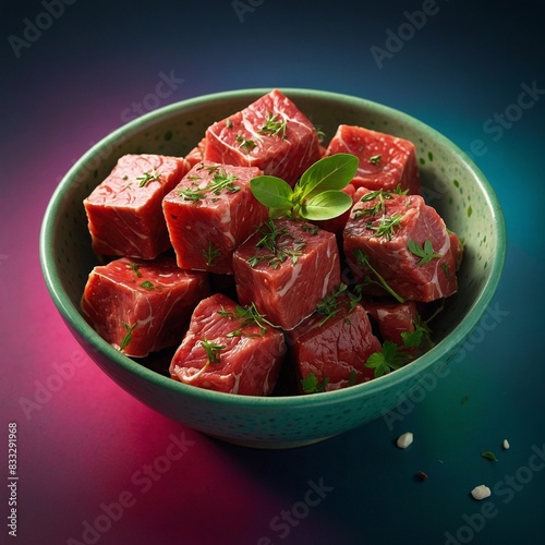 Digital illustration, Pieces of beef cubes in a bowl, arranged neatly with a garnish of fresh herbs, vibrant and appetizing, inspired by Art Station and Behance, highly detailed, vivid colors, ambien photo