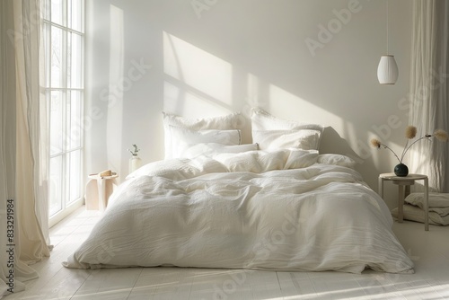 Elegant Minimalist Bedroom with Soft White Linens. © Davide Angelini