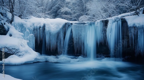 Tranquil and serene winter waterfall surrounded by frozen snow, icy blue landscape, and calm wilderness in a peaceful and tranquil environment © Татьяна Евдокимова