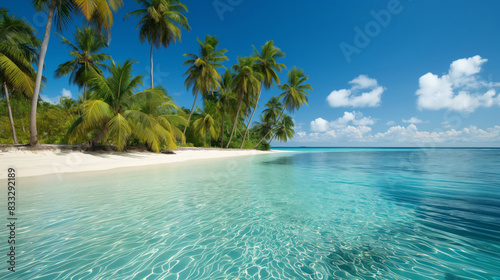 Tranquil tropical island with lush palm trees and pristine sandy beaches under a clear blue sky, evoking a serene getaway