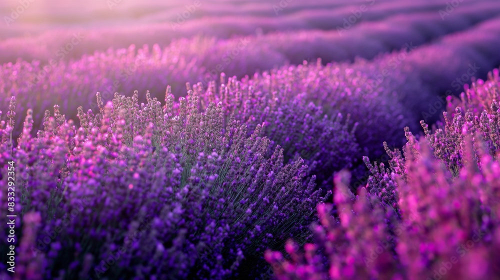 Vibrant and colorful lavender field at sunset. Showcasing the beautiful purple flowers in full bloom in the serene and tranquil rural agricultural landscape