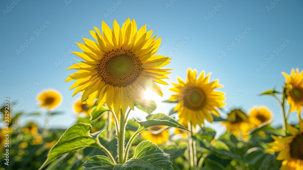 Closeup photo highlighting brilliant sunflowers in full bloom, set against a vivid blue sky on a bright, sunny day Closeup photo highlighting brilliant sunflowers in full bloom, set against a vivid blue sky on a bright, sunny day
