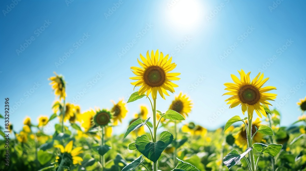 Vibrant sunflowers reaching towards the sun under a clear blue sky, depicting the sheer beauty of nature in full bloom Vibrant sunflowers reaching towards the sun under a clear blue sky, depicting the sheer beauty of nature in full bloom