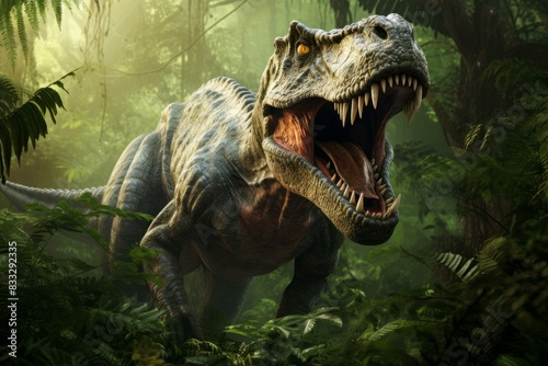 Majestic t-rex dinosaur bellowing amidst dense  misty vegetation  evoking primal power