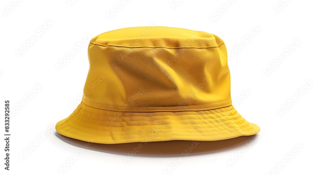Fototapeta premium Bright yellow bucket hat isolated on white background. Simple summer fashion accessory. Casual and stylish headwear. Perfect for outdoor activities. Minimalist design. AI
