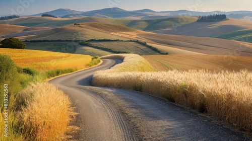 Tranquil countryside landscape featuring a curvy road meandering through undulating fields bathed in warm  golden hour sunlight
