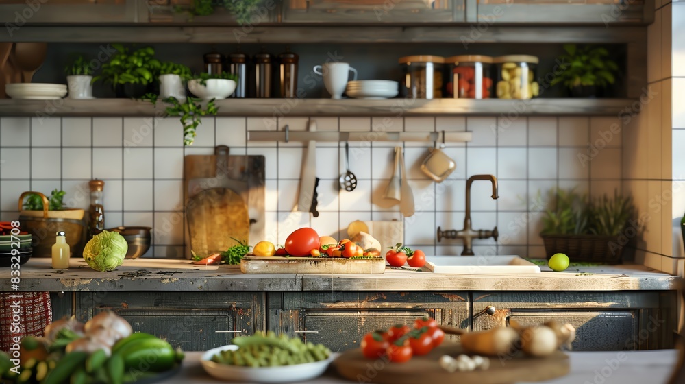 A cookbook mockup with a rustic cover, set in a kitchen with fresh produce and cooking tools