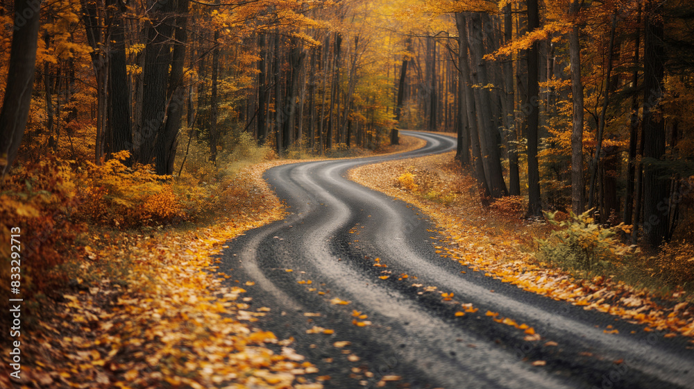 Obraz premium Idyllic winding asphalt road meanders through a forest with trees boasting vivid autumn colors, evoking a tranquil seasonal journey