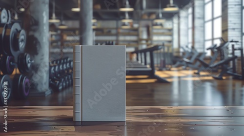 A fitness book mockup with a motivational cover, set in a gym environment with workout equipment photo