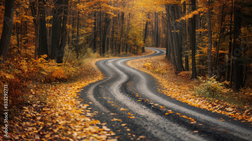 Idyllic winding asphalt road meanders through a forest with trees boasting vivid autumn colors, evoking a tranquil seasonal journey