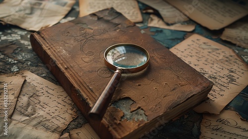A mystery novel book mockup with an intriguing cover, set against a backdrop of old letters and a magnifying glass photo