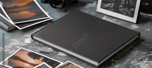 A photography book mockup with a sleek, black cover, placed on a table with a camera and photo prints photo