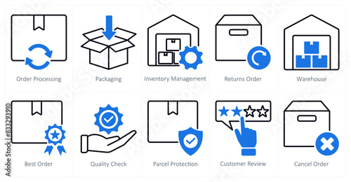 A set of 10 shopping icons as order processing, packaging, inventory management