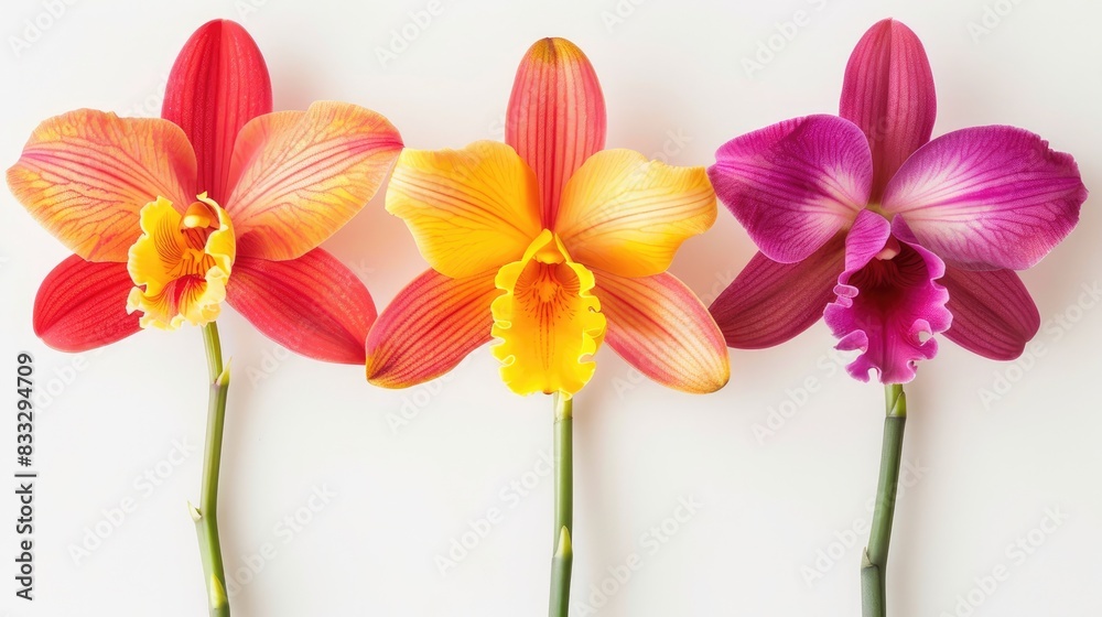 Naklejka premium Close up of three vibrant orchid blooms on a white backdrop