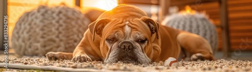 A cute bulldog lounging comfortably on a rug indoors, basking in the warm glow of the evening sun. Perfect for pet and home decor themes. © Tin