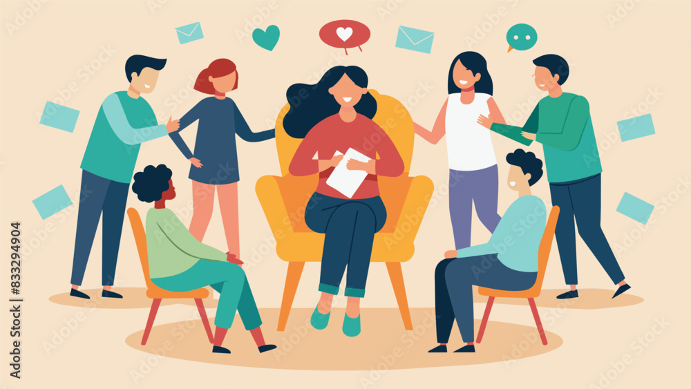A person in the center of the support group circle surrounded by a virtual hug from the words of affirmation and kindness written on the backs of. Vector illustration A person in the center of the support group circle surrounded by a virtual hug from the words of affirmation and kindness written on the backs of. Vector illustration