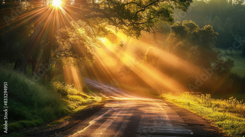 The sun is shining brightly on a road that is surrounded by trees. The light is casting a warm glow on the road and the trees, creating a peaceful and serene atmosphere