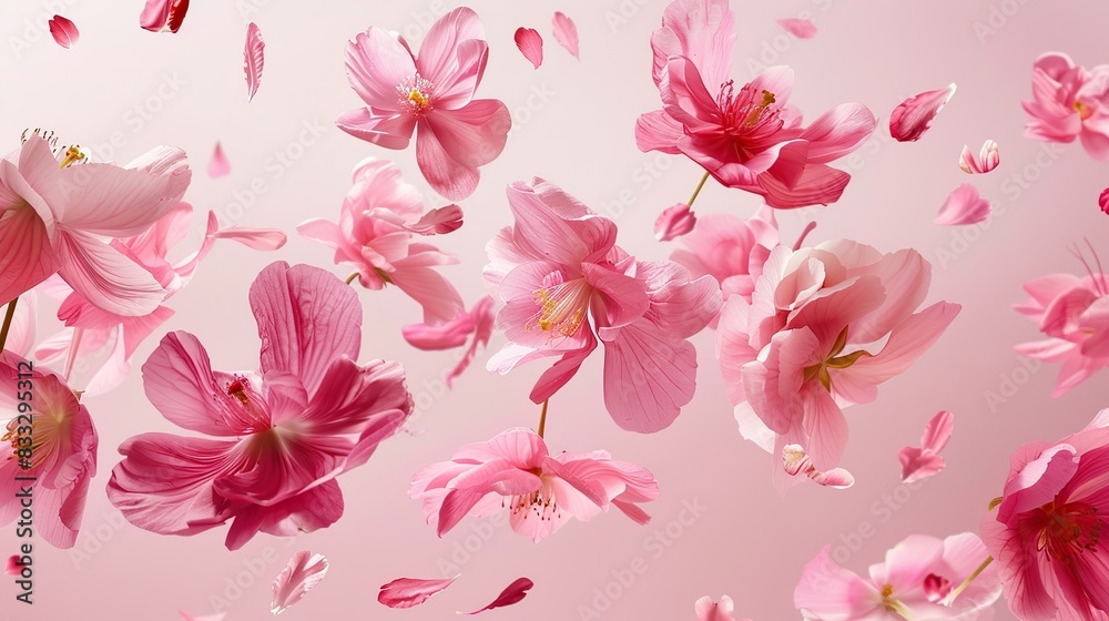 A beautiful image of sping pink flowers flying in the air the pastel pink background. Generative Ai A beautiful image of sping pink flowers flying in the air the pastel pink background. Generative Ai