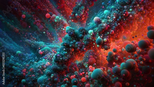 Dive into a mesmerizing digital art landscape, where a vibrant, swirling ocean of bubbles in shades of red, blue, green, and orange creates an ethereal, dreamlike scene.