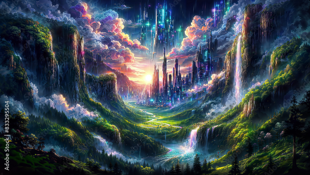 A breathtaking sci-fi cityscape nestled within a lush valley, featuring futuristic skyscrapers, cascading waterfalls, and vibrant neon lights. A breathtaking sci-fi cityscape nestled within a lush valley, featuring futuristic skyscrapers, cascading waterfalls, and vibrant neon lights.