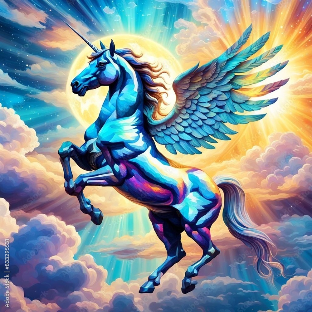 A unicorn spreads its wings and flies in the middle of a colorful sky, as if in a fairy tale A unicorn spreads its wings and flies in the middle of a colorful sky, as if in a fairy tale