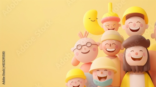 a group of various people with happy smile face on pastel yellow background. Generative Ai © Fuji