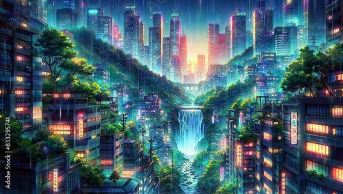 Experience the vibrant fusion of nature and urban life in this captivating cityscape  where a waterfall cascades through a densely built environment  illuminated by the glow of neon lights.