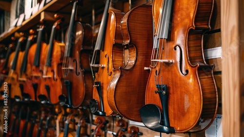 A number of violins hanging on the wall in the shop. Generative Ai